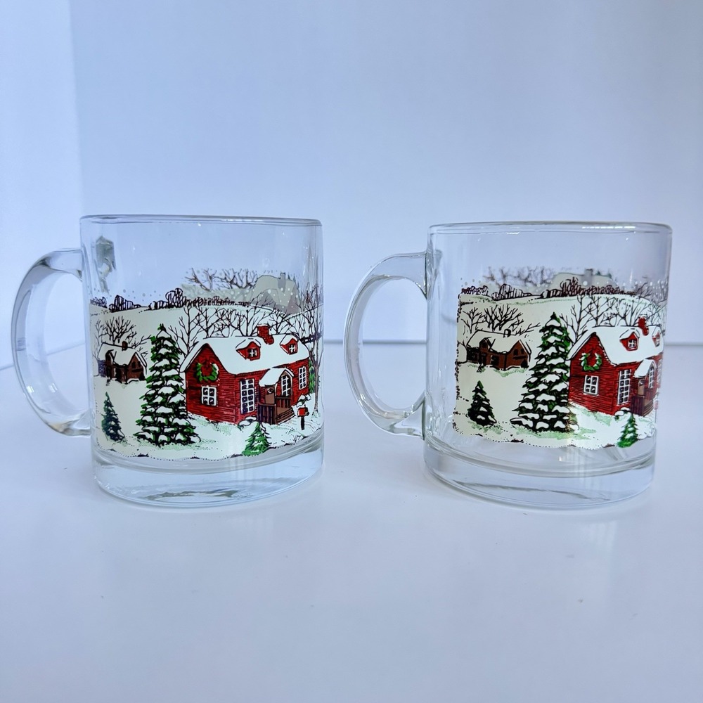 Vintage Libbey Christmas Glass Mugs Snow Farm Scene Lot 2 Hardee's Promo